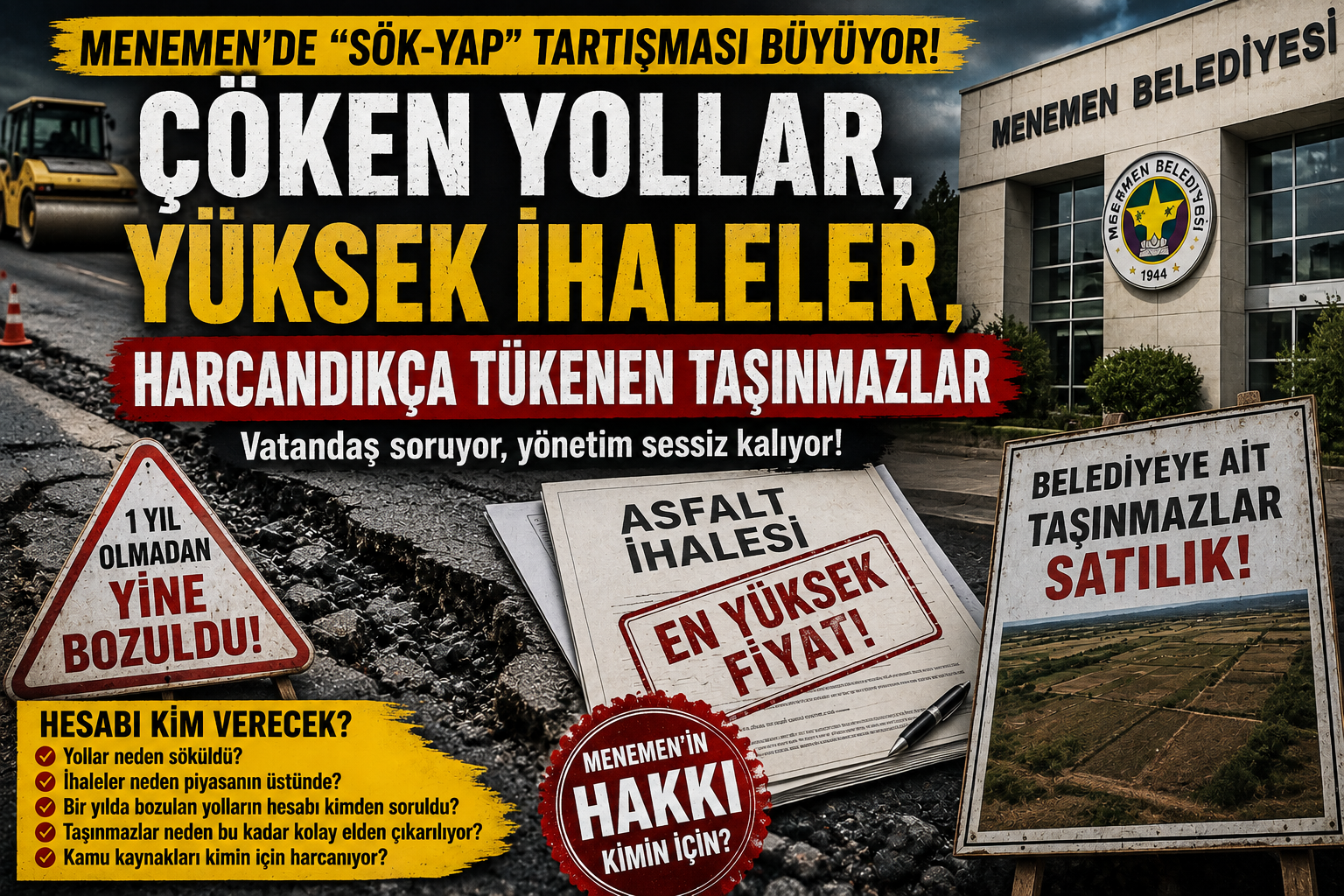 MENEMEN’DE “SÖK-YAP” TARTIŞMASI BÜYÜYOR: ÇÖKEN YOLLAR, YÜKSEK İHALELER VE HARCADIKÇA TÜKENEN TAŞINMAZLAR 1!!!